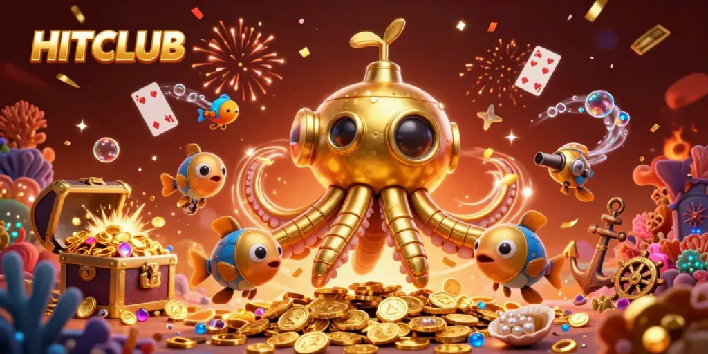 Experience thrilling wins at HITCLUB with a vibrant underwater treasure scene featuring mechanical fish and gold.