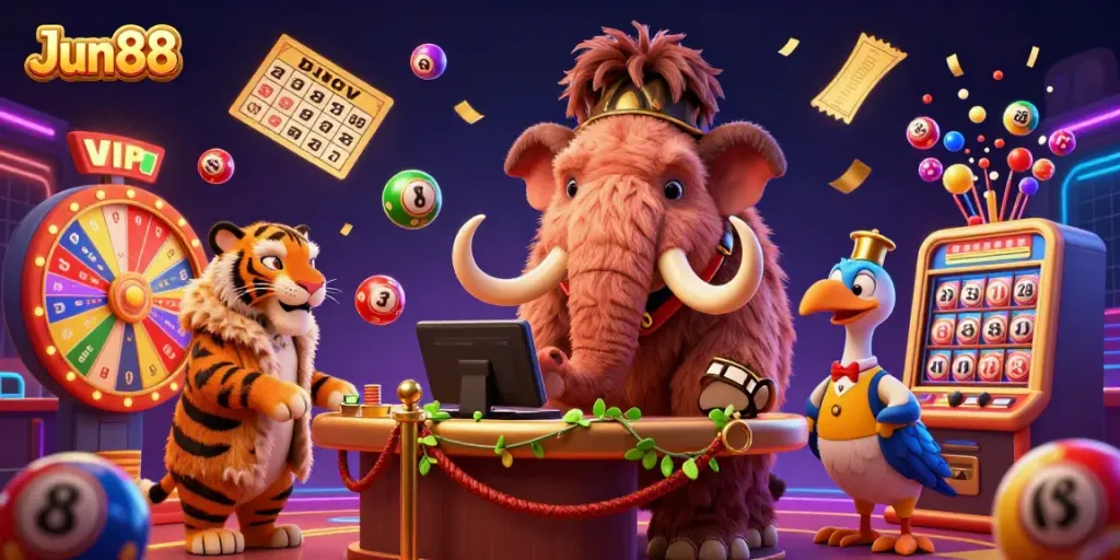 Engage with Jun88's vibrant casino atmosphere featuring a cartoon mammoth bouncer, lottery balls, and a saber-tooth tiger.
