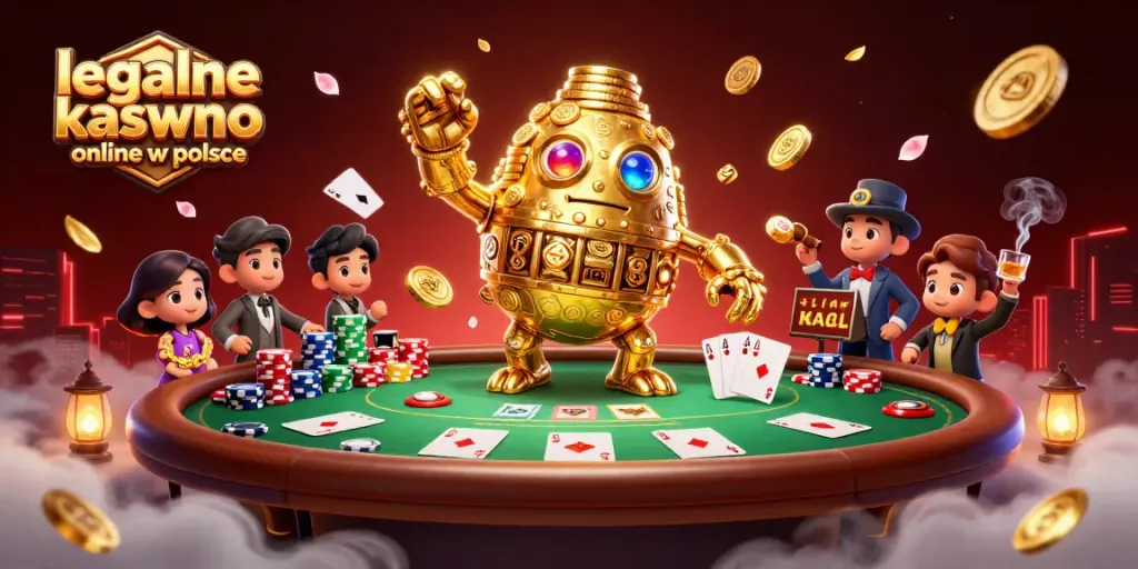 Engage with legalne kasyno online w polsce featuring a dynamic scene of a golden golem amidst poker elements.