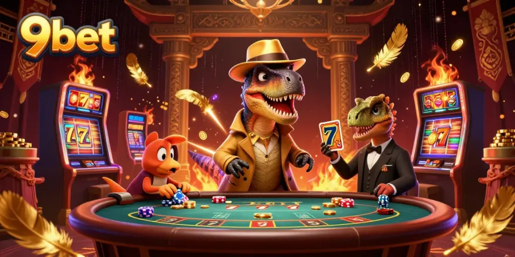 Engaging 9bet casino scene featuring animated dinosaurs at a blackjack table.
