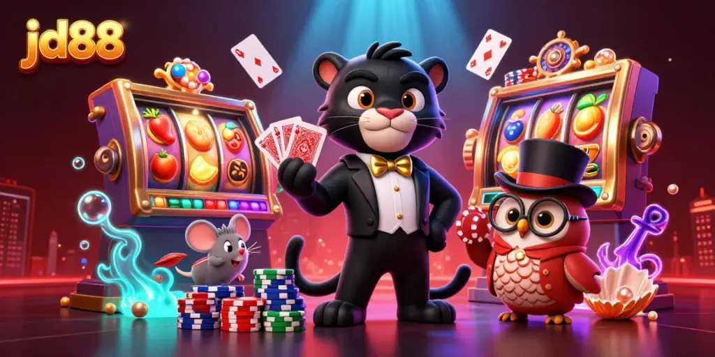 Play exciting games at JD88 with a stylish panther dealer, owl with poker chips, and lucky mouse amid slot reels and vibrant symbols.
