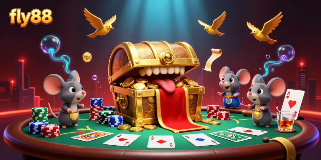 Engage in exciting gameplay at fly88 with rich visuals of the animated treasure chest and vibrant casino elements.