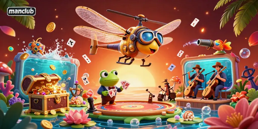 Interactive gaming at manclub casino with a vibrant dragonfly pilot and frog croupier dealing cards.
