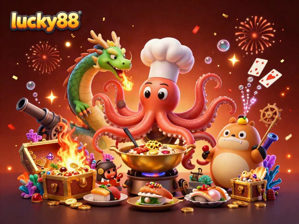 Ignite your luck with lucky88's vibrant casino scene featuring cartoon characters, gold, and game elements.