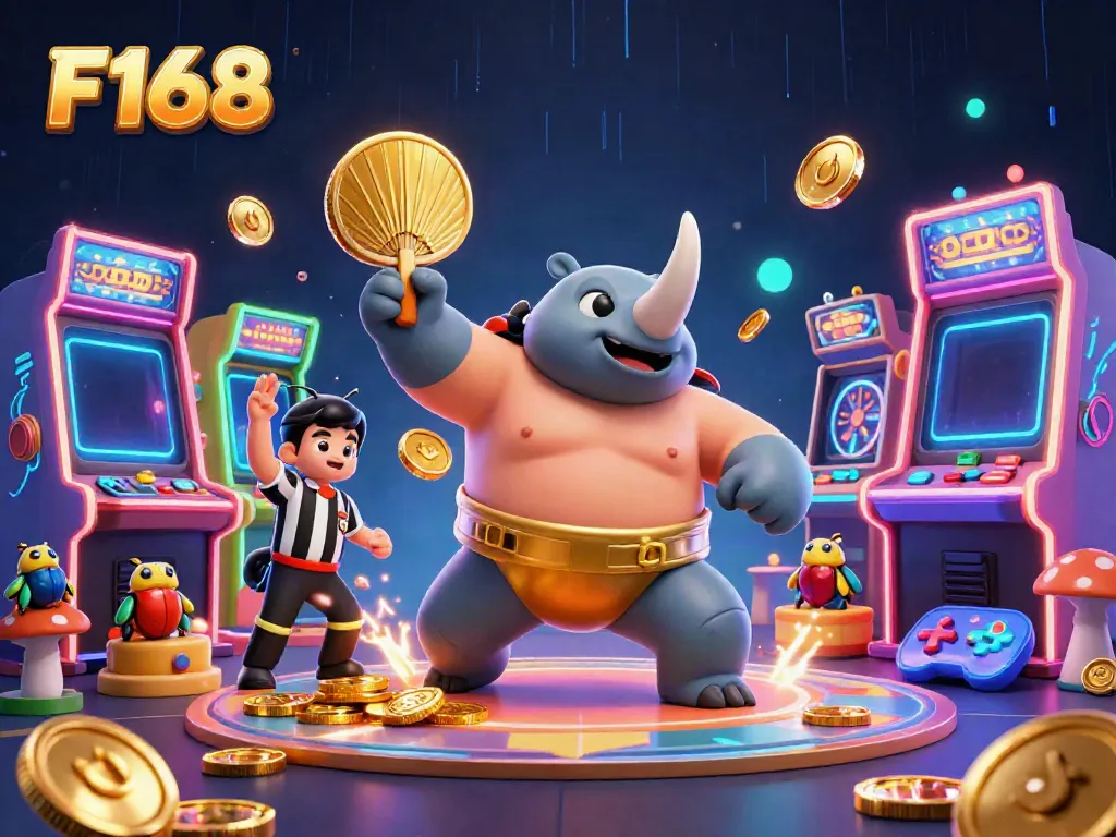 F168 showcases vibrant casino action with a dynamic beetle sumo champion amidst slot reels and glowing gaming elements.