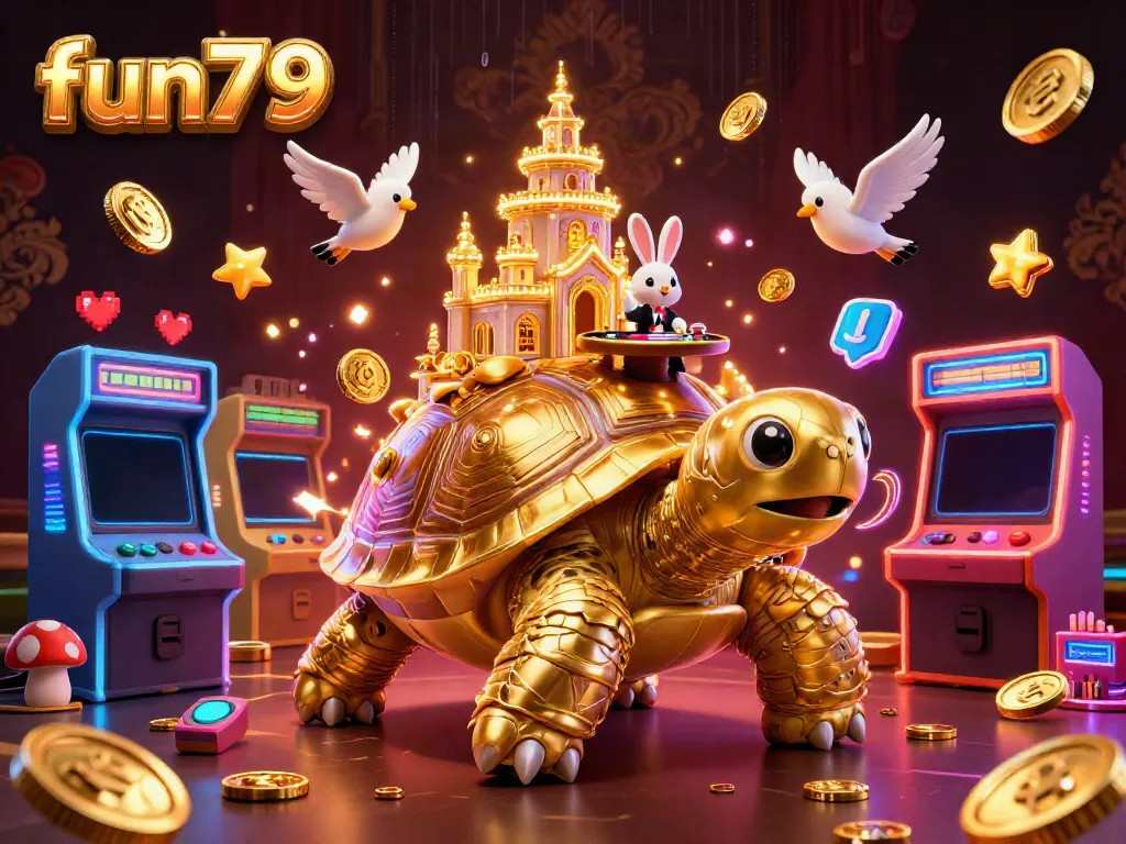 Experience fun79 with vibrant casino elements in a dazzling 3D illustration featuring a tortoise and dealer.