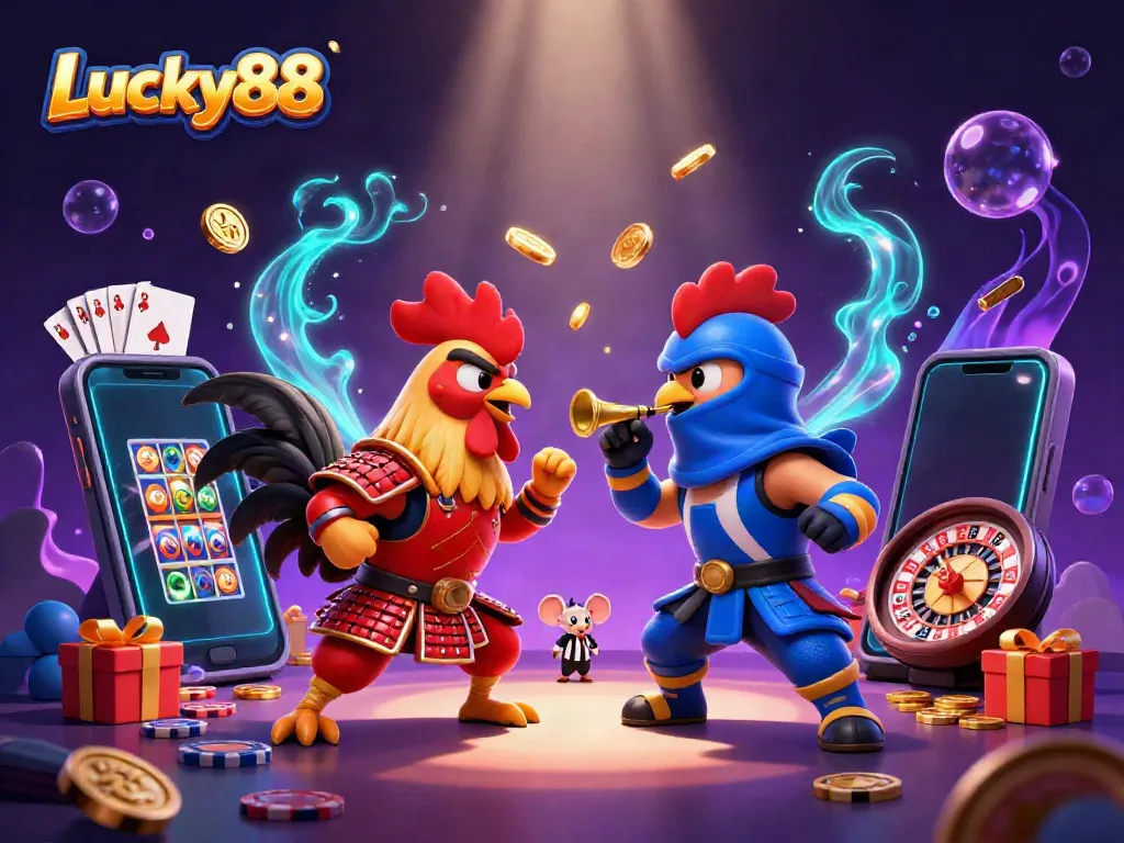 Lucky88's dynamic casino showdown with fighting roosters, slot games, and vibrant elements