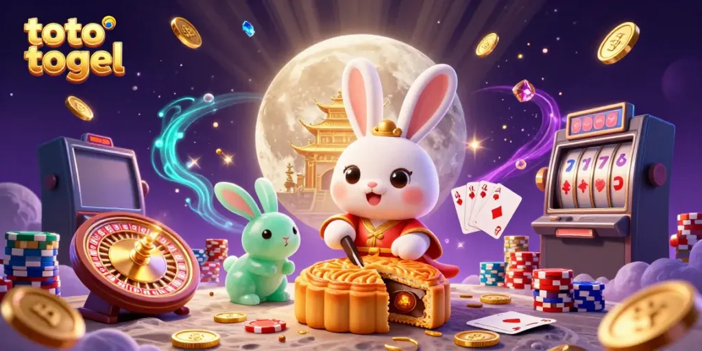 Experience the thrilling world of toto togel with a dynamic 3D illustration featuring rabbits, casino elements, and rich colors.