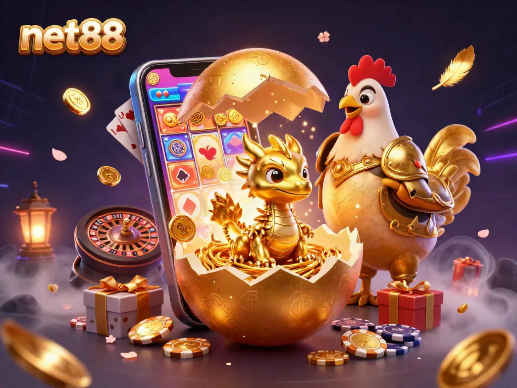 Experience casino excitement with net88's dynamic slot scene featuring a golden dragon and vibrant game elements.