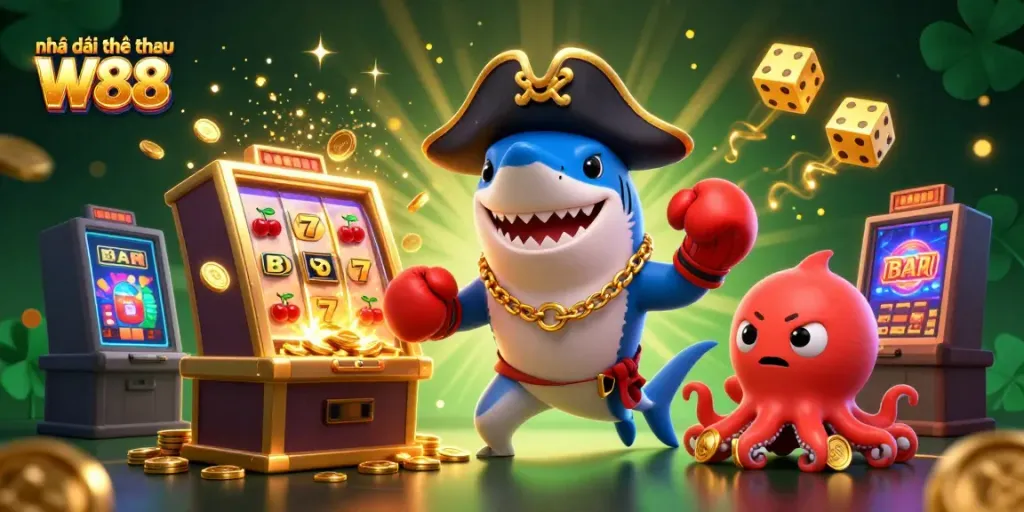Join the excitement at Nhà cái thể thao W88 with thrilling characters and vibrant casino game elements.