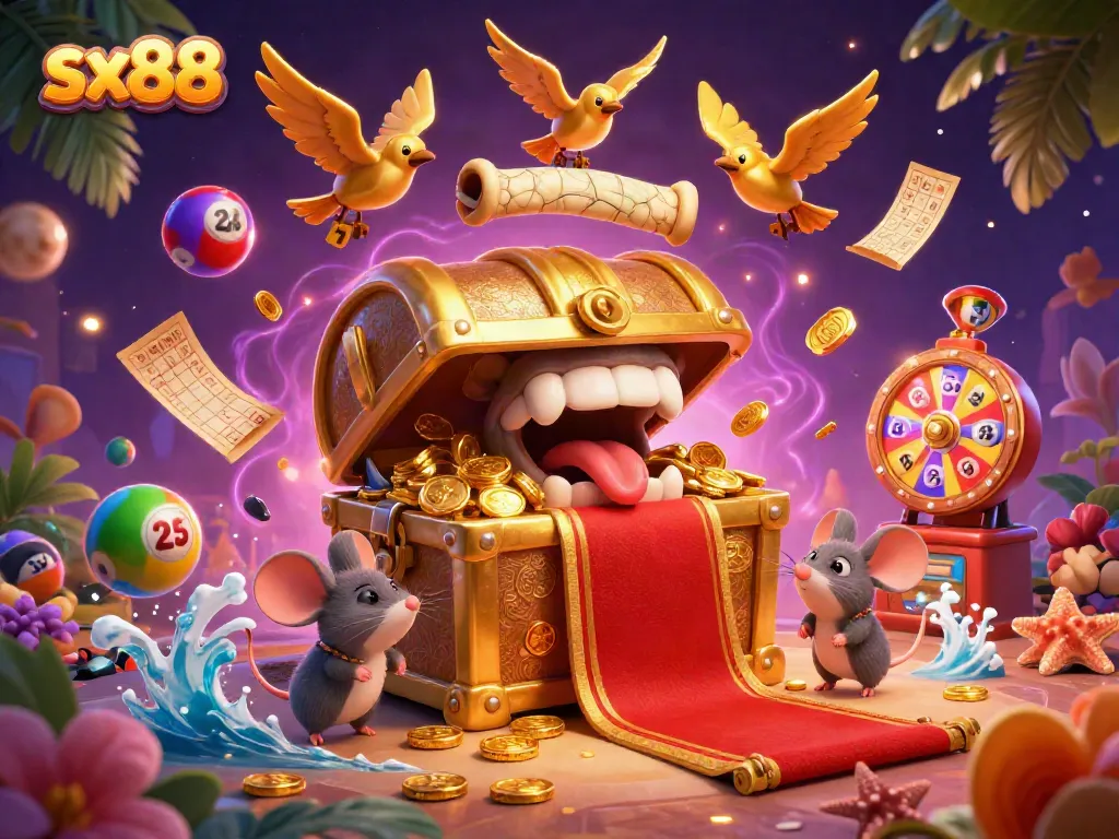 Exciting sx88 treasure chest illustration attracting players with dynamic lottery elements and vibrant casino energy.