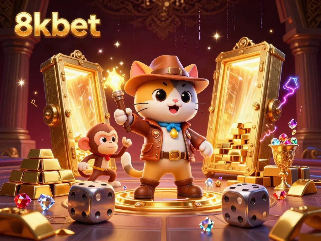 Experience the thrilling adventure of 8kbet with an archaeologist cat discovering a golden casino artifact.