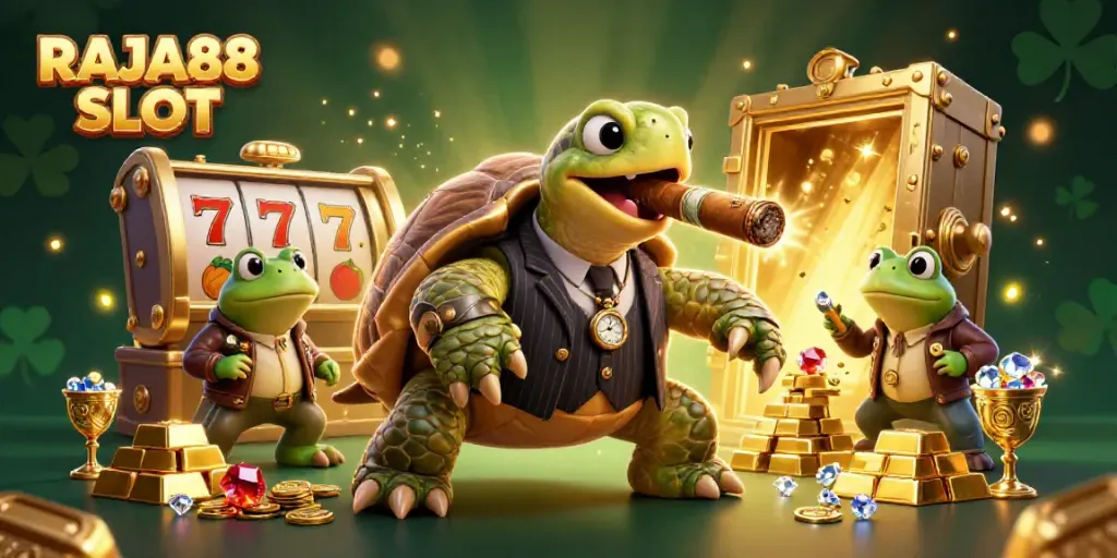 Experience the thrill of RAJA88 SLOT with vibrant 3D casino action featuring a turtle mobster and bullfrog enforcers.