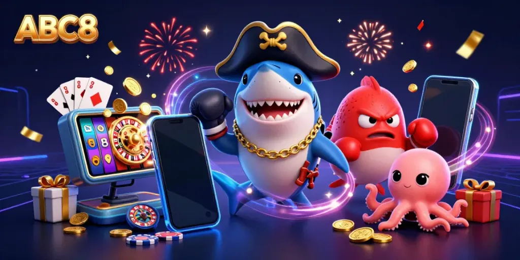 ABC8 casino illustration with a pirate shark, pufferfish, and octopus interacting with slot games and gold coins.