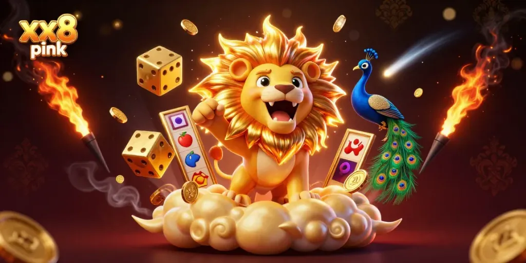 Experience the excitement of gameplay with xx8 pink's vibrant casino scene featuring a roaring lion and golden dice.