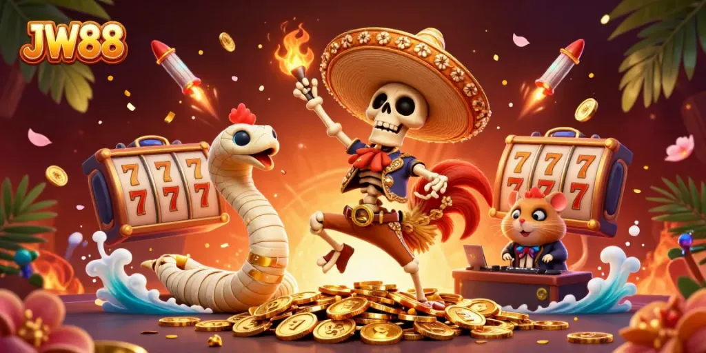 Experience the thrill of JW88 with gold coins and vibrant characters in a festive casino scene.