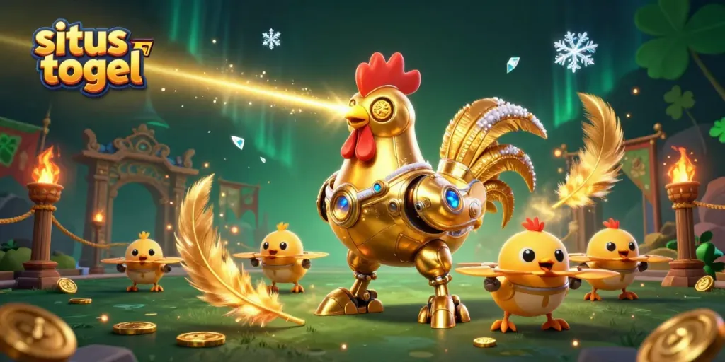 Shoot laser beams and engrave golden patterns in situs togel-themed dynamic scene with golden rooster robot and drones.