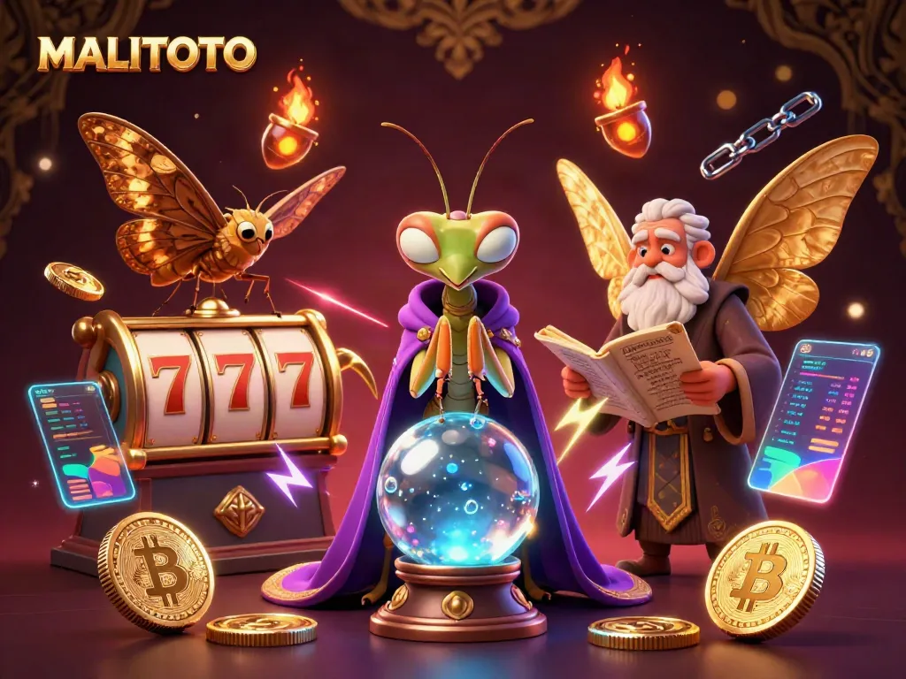 MALITOTO showcases a vibrant 3D illustration of a fortune teller and a librarian among slot reels and crypto coins.