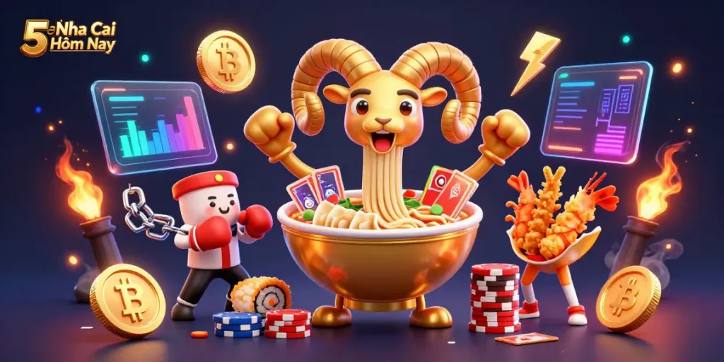 Join the energetic betting scene with Keo Nha Cai 5 Hôm Nay's vibrant cartoon characters engaging in casino excitement.