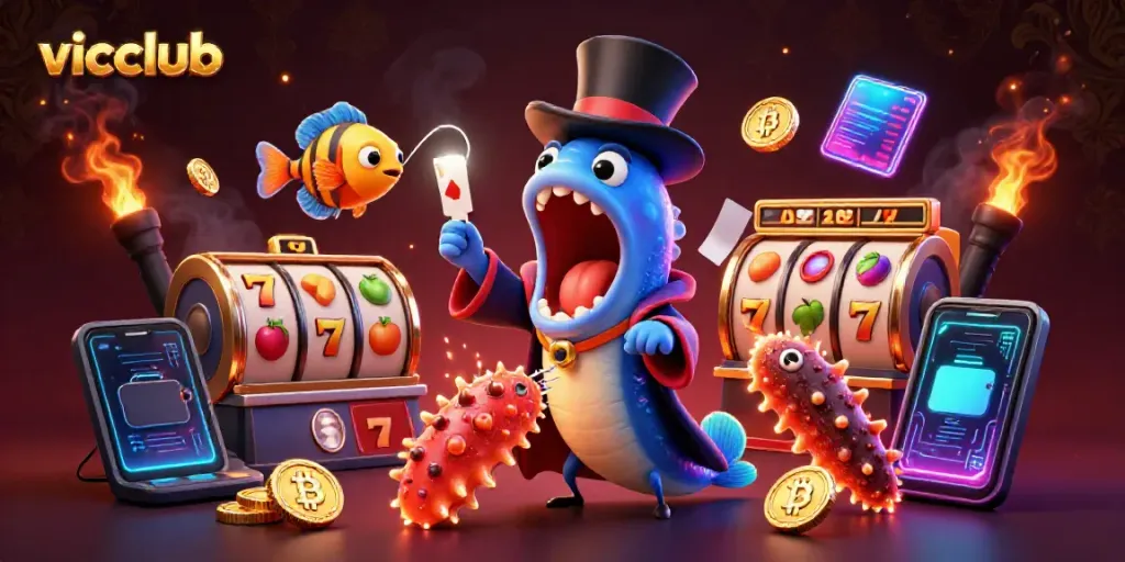Engage with vicclub's exciting gaming atmosphere with a unique underwater magic scene featuring energetic characters.