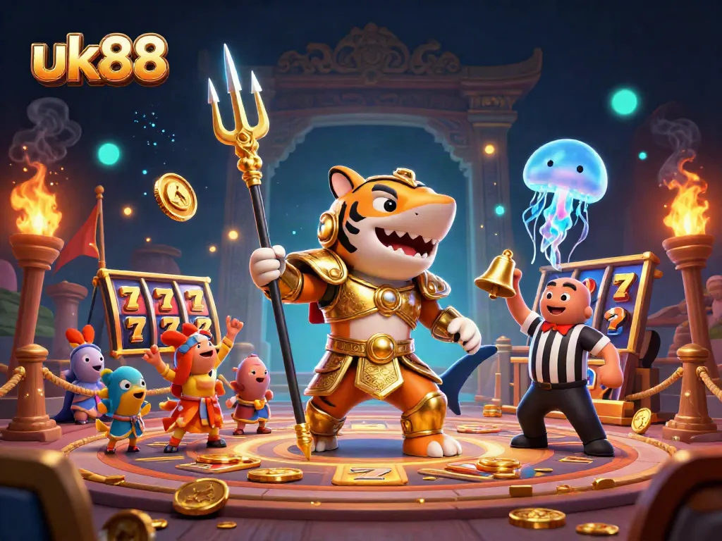 Engage in thrilling uk88 gaming with a tiger shark gladiator in an underwater colosseum.