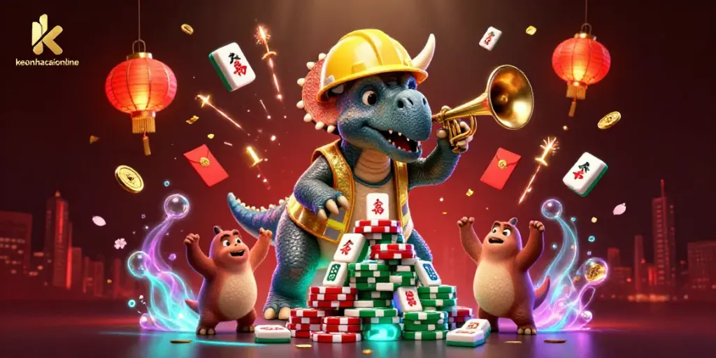 Experience keonhacaionline's vibrant 3D casino scene with cheering dinosaurs and floating game elements.