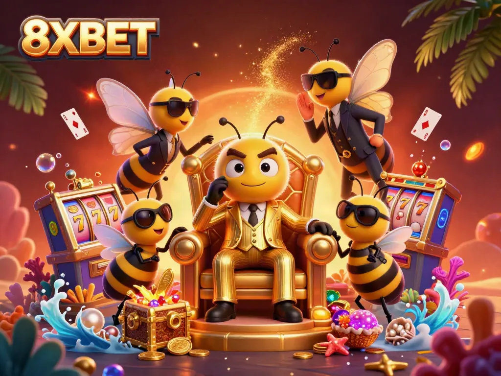 Engage with the immersive world of 8XBET featuring vibrant slot machines and a dynamic character scene.