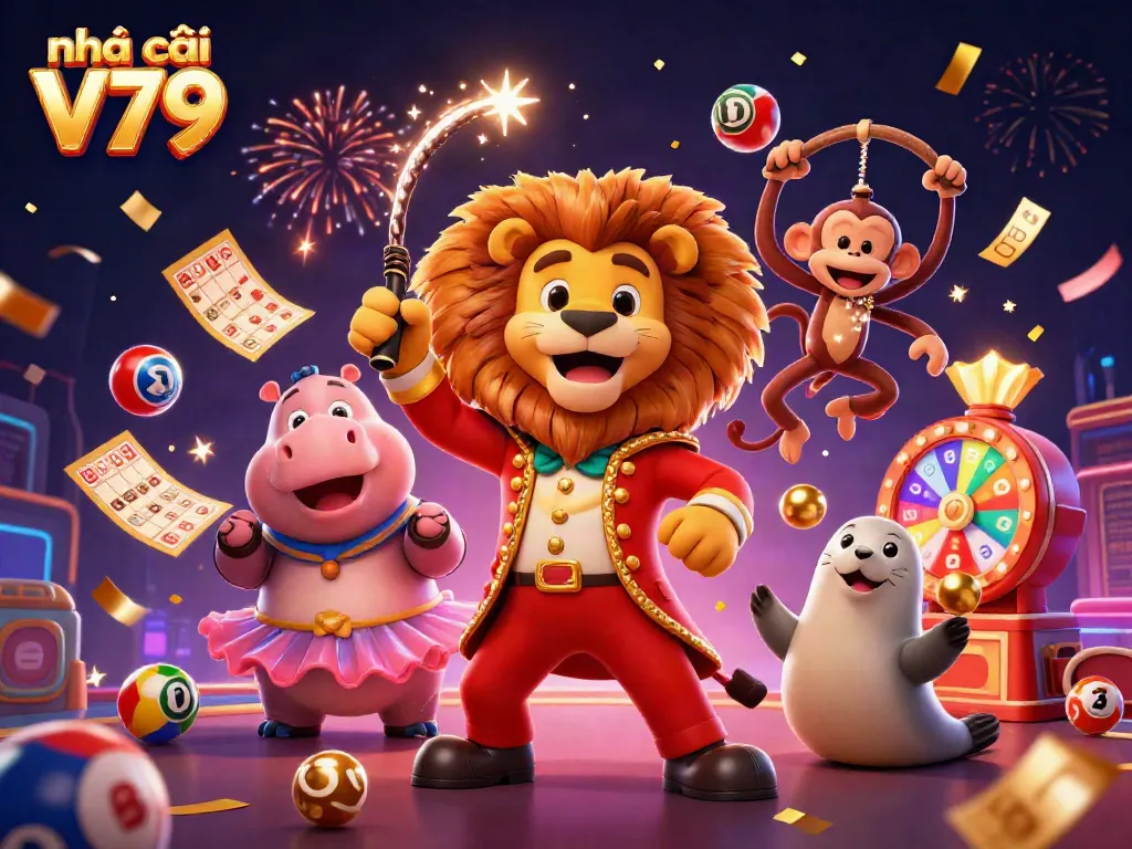 Experience the thrilling action at Nhà cái V79 with vivid circus characters and dynamic gaming elements.