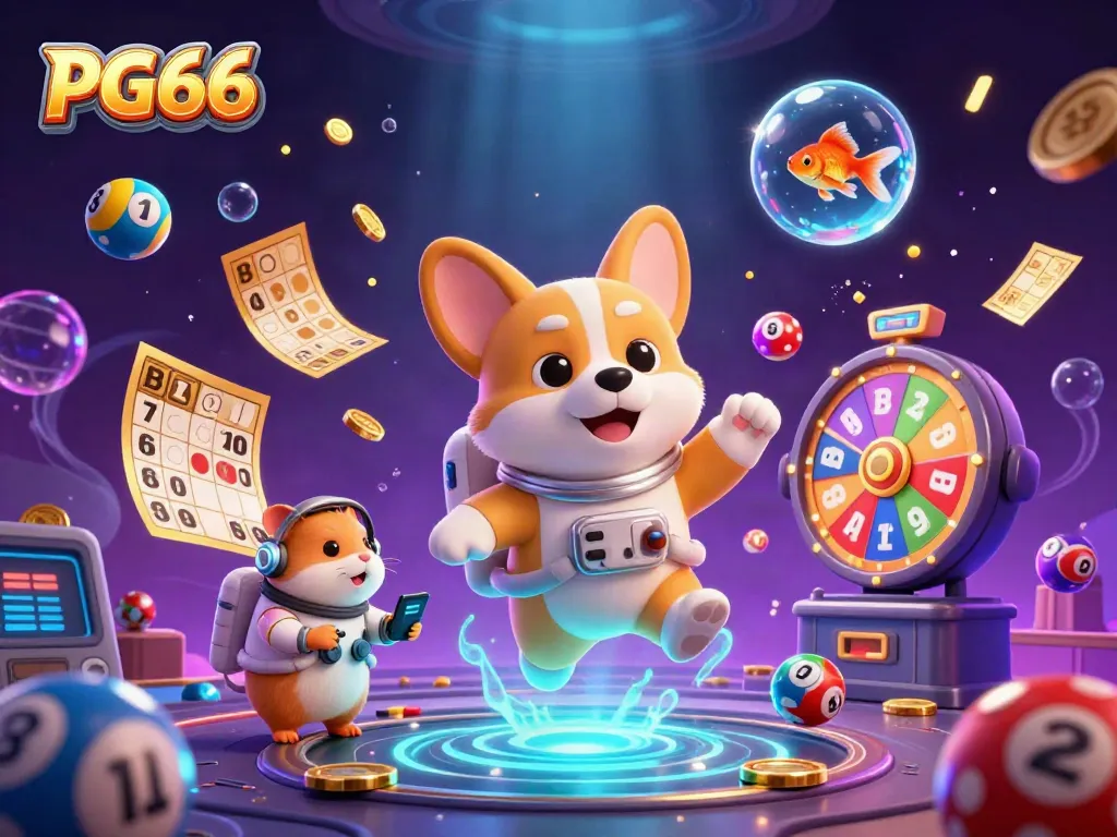 Engage with PG66 in an ultra-detailed 3D casino scene featuring a cartoon astronaut corgi and gambling elements.