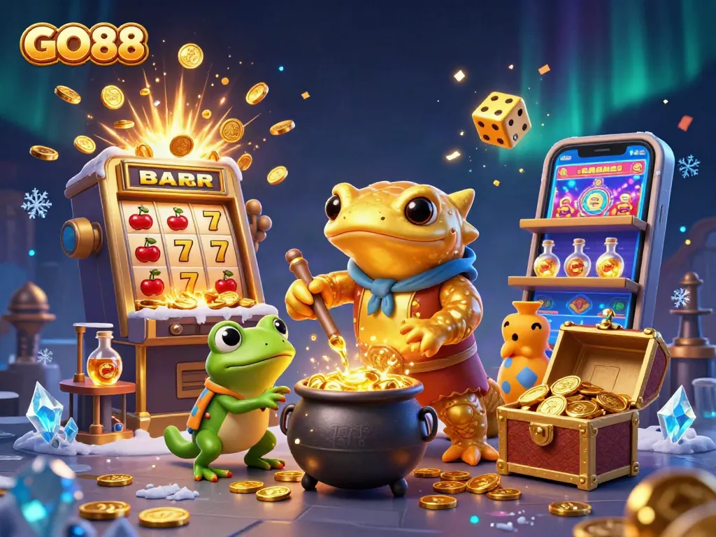 Experience winning moments with GO88 in a vibrant 3D casino scene featuring colorful slot elements.
