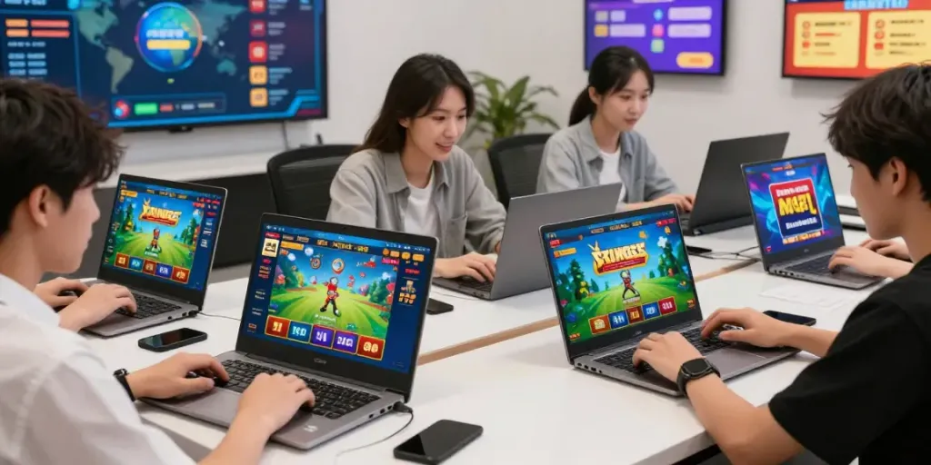 Players enjoying davo88 togel online gaming bonuses on multiple devices in a modern setting.