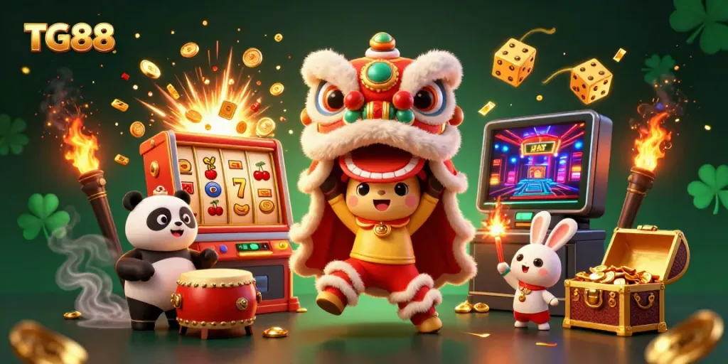 Experience vibrant casino action with TG88's thrilling jackpot explosion and festive characters.
