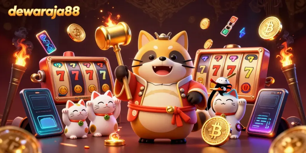 Mengalami keseruan putaran slot gacor di dewaraja88 dengan karakter tanuki dan kucing keberuntungan yang gembira.
