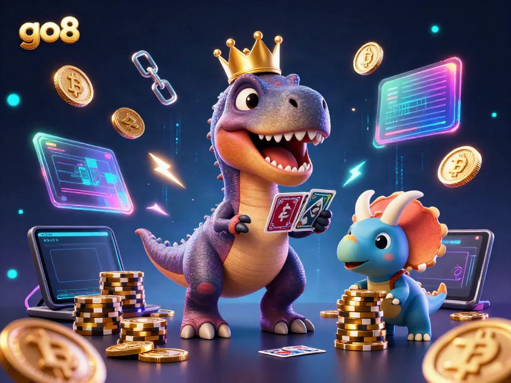 Action-packed scene of go8 characters engaging in casino gaming with neon crypto elements