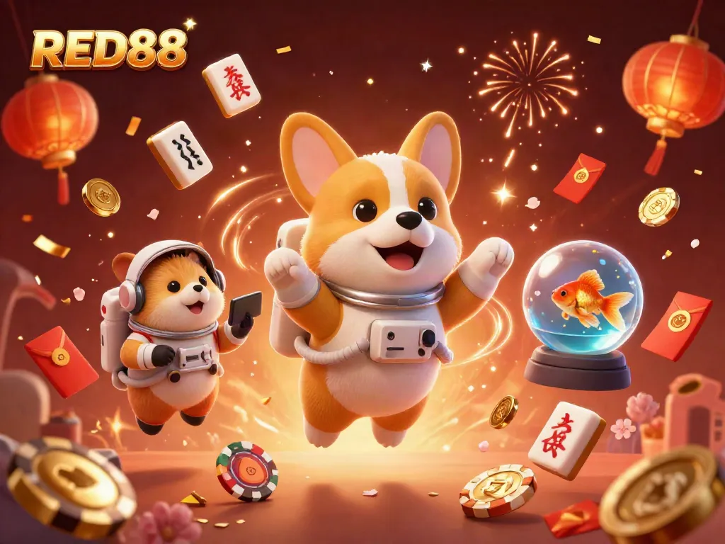 RED88 casino adventure with a floating corgi and festive gambling elements in a vibrant scene.