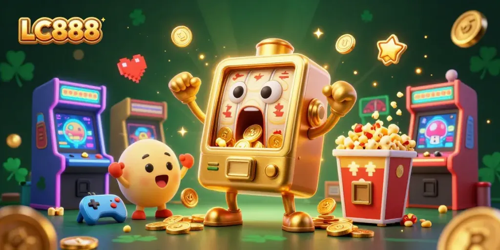 Experience thrilling wins with LC888 at a vibrant casino scene filled with joyful slot machines.
