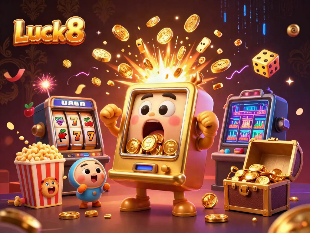 Watch Luck8's golden slot machine celebrate a jackpot with coins flying and cheerful companions!