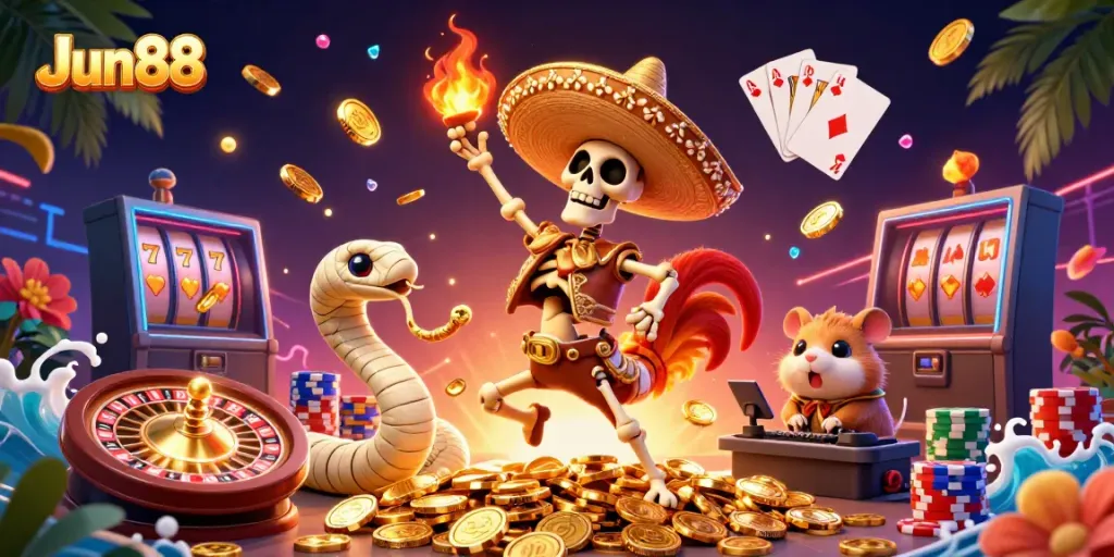Experience thrilling wins at Jun88 with a vibrant 3D illustration of a mariachi rooster surrounded by casino elements.