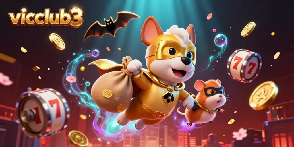 Join the adventure with vicclub3 as the superhero dog and hamster soar through a dazzling casino scene filled with excitement.