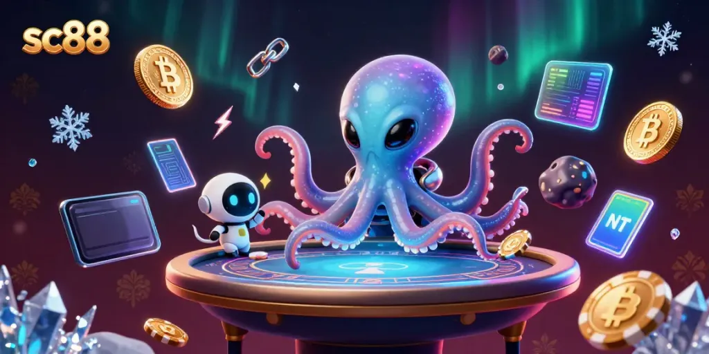 Experience thrilling gaming at SC88 with a dynamic scene featuring an alien octopus at a poker table.