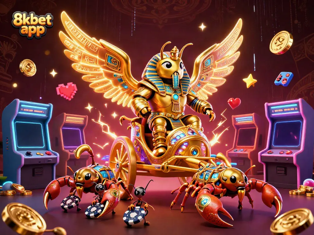 Engage with the thrilling 8xbet app, where a grand golden scarab leads a gaming adventure in a rich casino scene.