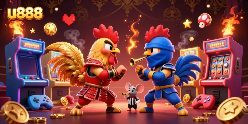 Experience thrilling gameplay with u888's intense rooster showdown amidst dynamic gambling elements.