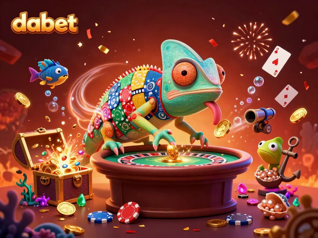 Dabet enhances gambling fun with a colorful chameleon casino owner catching golden coins in a vibrant, treasure-filled scene.