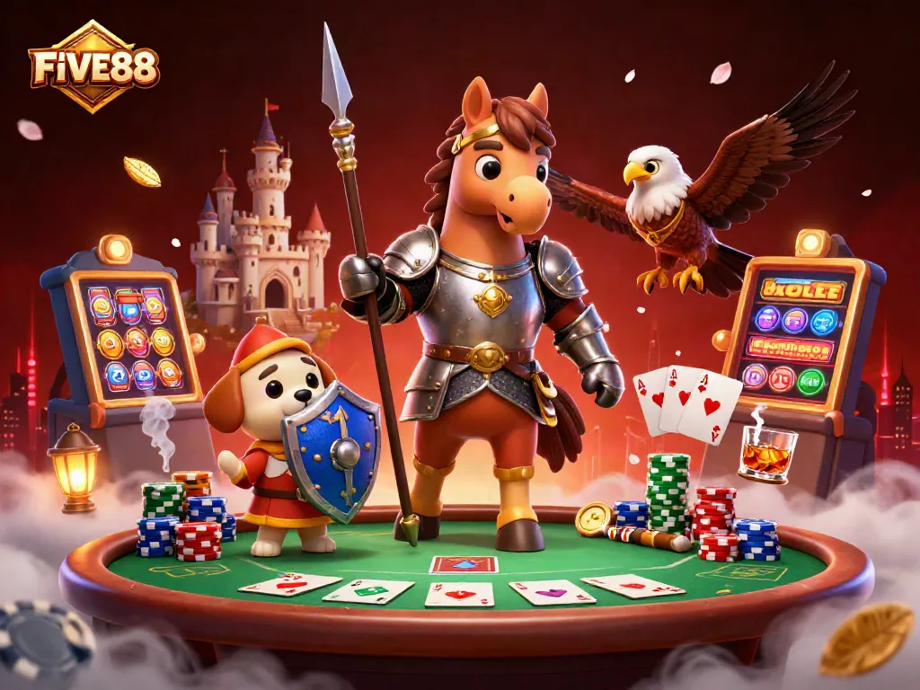 Experience thrilling gaming action at FIVE88 with knights and dragons amid poker chaos.