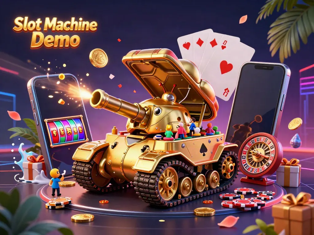 Spin the reels on Slot Machine Demo with a golden beetle tank revealing a tiny casino inside, surrounded by vibrant gaming elements.