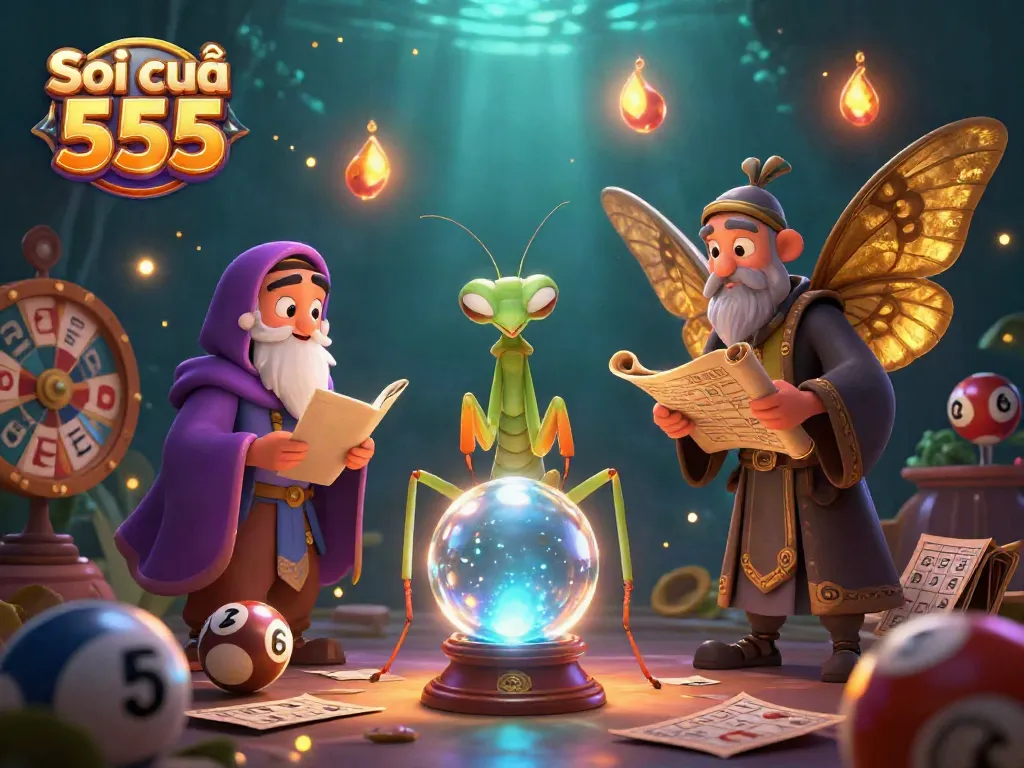 Soi cầu 555 showcases a vibrant lottery scene with a whimsical fortune teller and multiple winning elements.