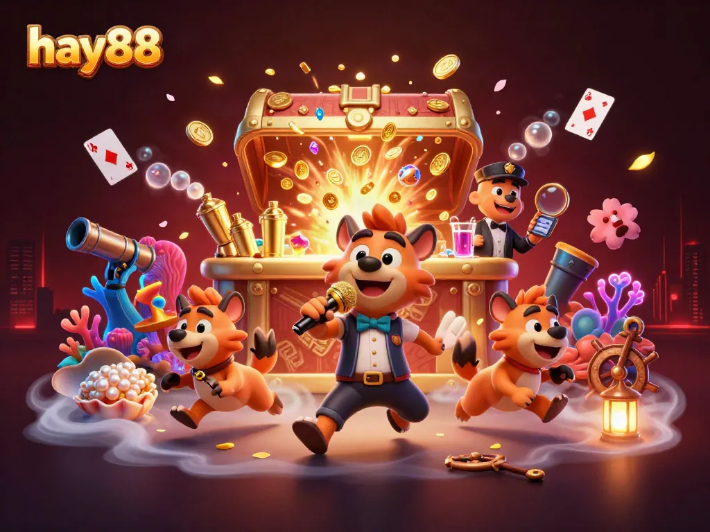 Watch the hyenas of hay88 steer a comedy casino with gold coins and vibrant gaming action.