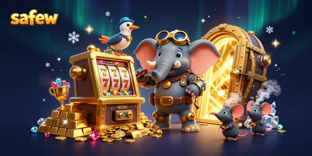 Experience safew's excitement with a steampunk elephant at a dynamic slot machine in a treasure-filled scene.