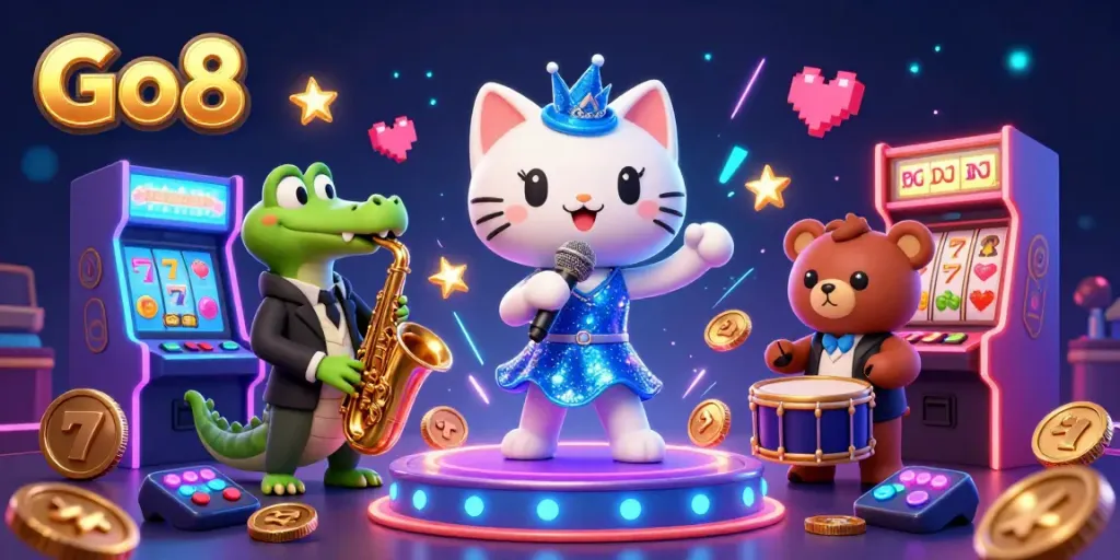 Experience the vibrant energy of Go8 with a jazzy casino scene featuring colorful arcade machines and lively characters.