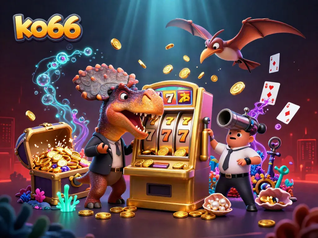 Experience the excitement of ko66 as a dinosaur interacts with a slot machine in this vibrant casino scene.